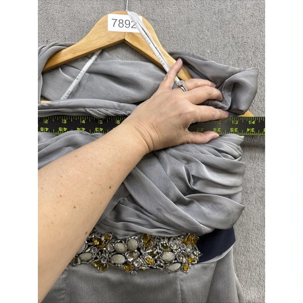 Silver Beaded Gown Sz‎ 6 Y2K Ruched Bodice Evening Dress Formal Glam - Picture 12 of 16